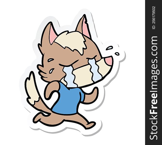 sticker of a cartoon crying wolf running away