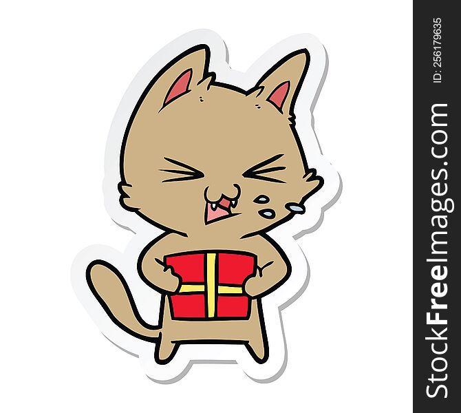 sticker of a cartoon hissing cat with christmas present