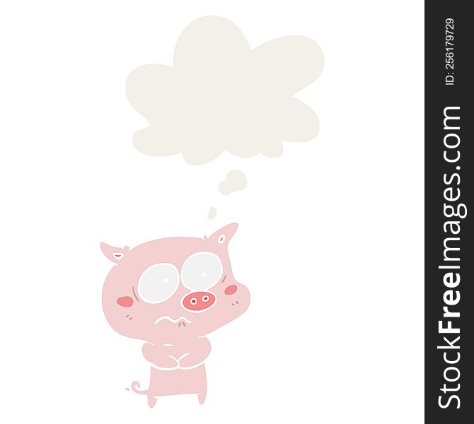 cartoon nervous pig with thought bubble in retro style
