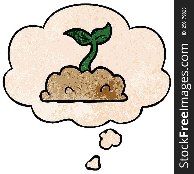 Cartoon Growing Seedling And Thought Bubble In Grunge Texture Pattern Style