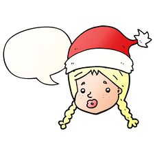 Cartoon Girl Wearing Christmas Hat And Speech Bubble In Smooth Gradient Style Stock Photo Cartoon Girl Wearing Christmas Hat And Speech Bubble In Smooth Gradient Style Stock Photo