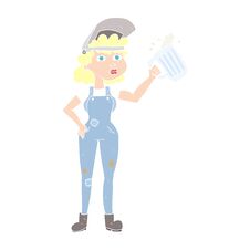 Flat Color Illustration Of A Cartoon Hard Working Woman With Beer Stock Photo
