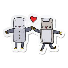 Sticker Of A Cartoon Robots In Love Royalty Free Stock Photo