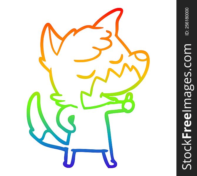 rainbow gradient line drawing of a friendly cartoon fox giving thumbs up sign