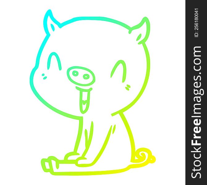 cold gradient line drawing of a happy cartoon pig sitting