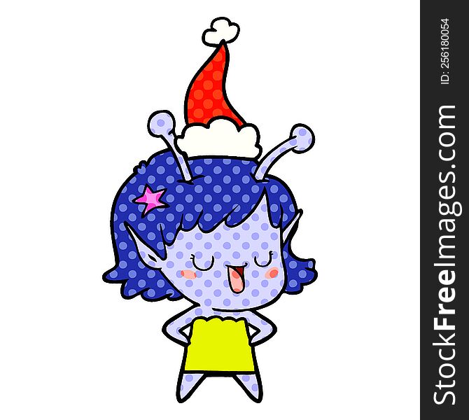 happy alien girl hand drawn comic book style illustration of a wearing santa hat