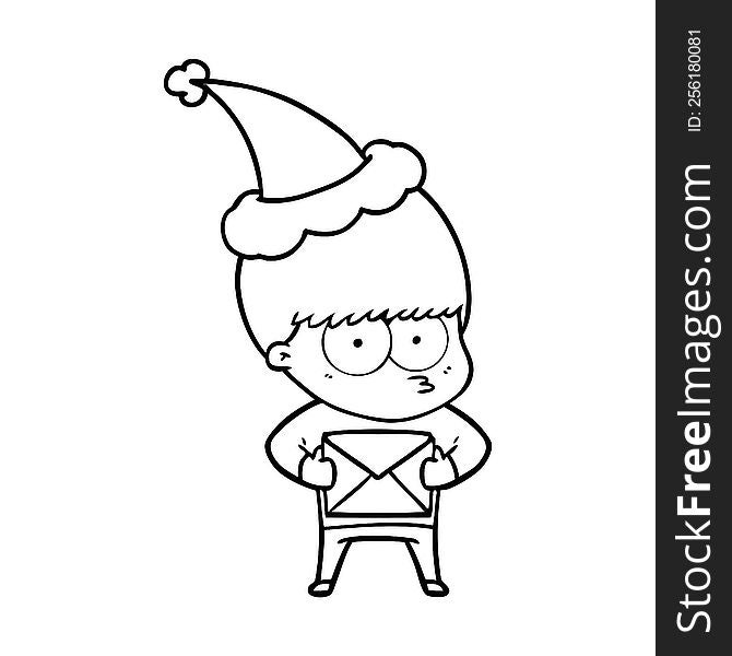 nervous hand drawn line drawing of a boy wearing santa hat. nervous hand drawn line drawing of a boy wearing santa hat