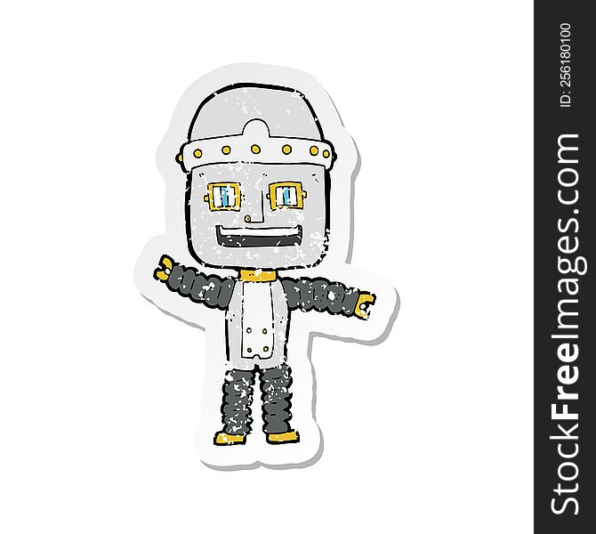 Retro Distressed Sticker Of A Cartoon Waving Robot