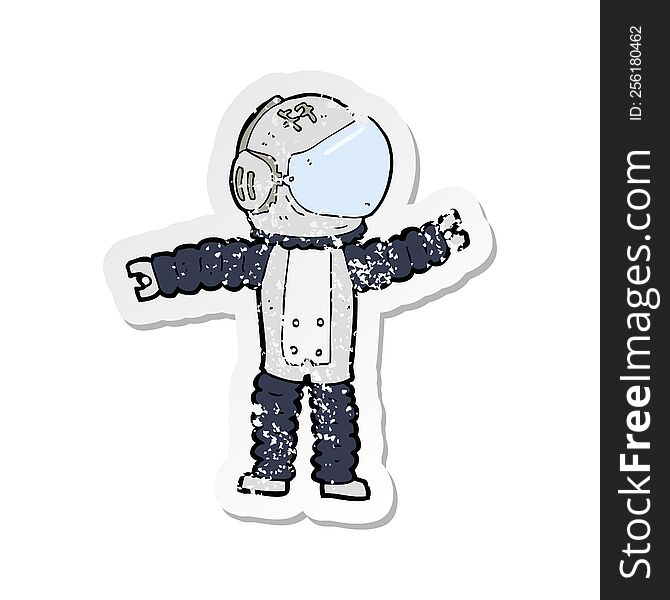 Retro Distressed Sticker Of A Cartoon Astronaut Reaching
