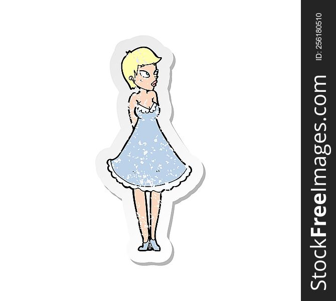 retro distressed sticker of a cartoon pretty woman in dress
