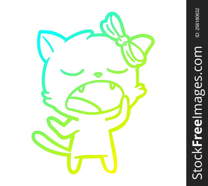 cold gradient line drawing of a cartoon yawning cat