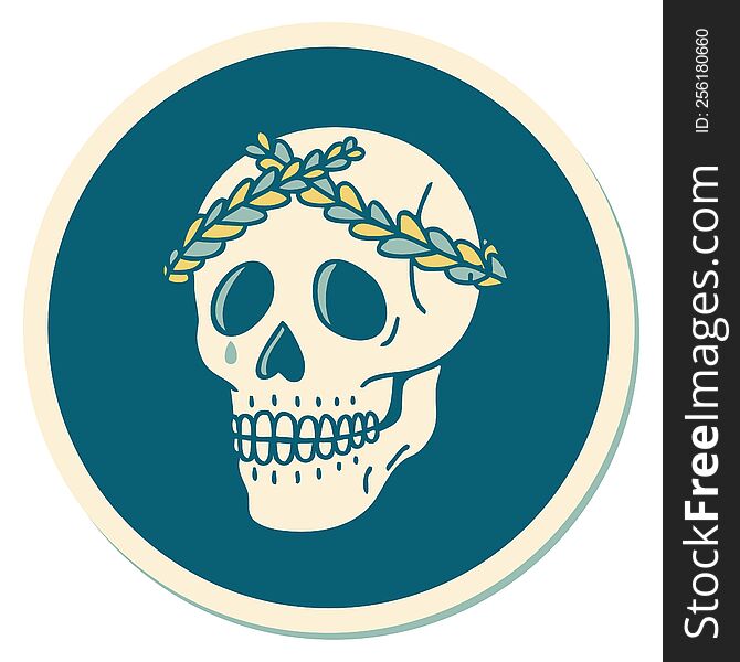 sticker of tattoo in traditional style of a skull with laurel wreath crown. sticker of tattoo in traditional style of a skull with laurel wreath crown