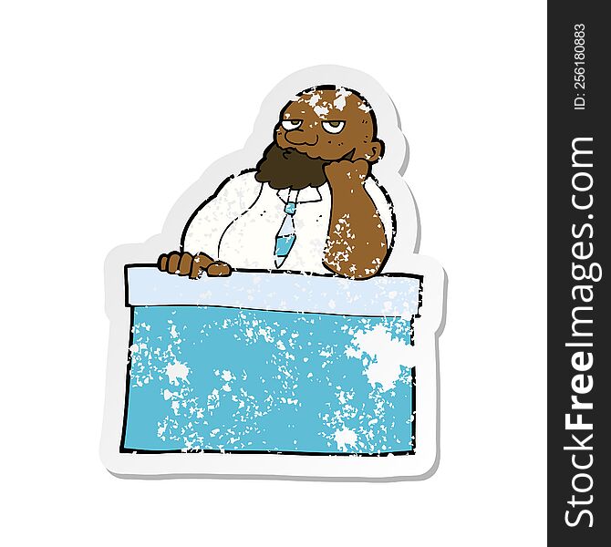 retro distressed sticker of a cartoon bored man at desk