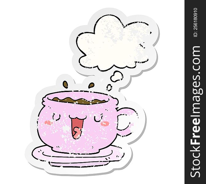 Cute Cartoon Cup And Saucer And Thought Bubble As A Distressed Worn Sticker