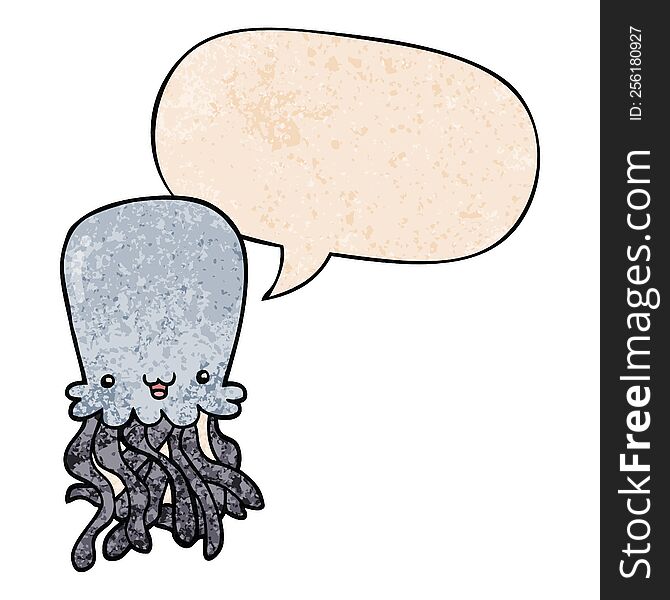cartoon octopus with speech bubble in retro texture style