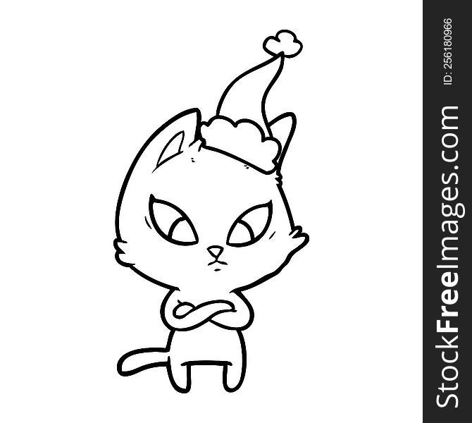 Confused Line Drawing Of A Cat Wearing Santa Hat