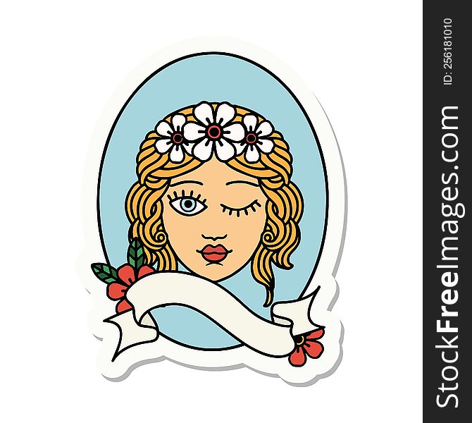 Tattoo Sticker With Banner Of A Maiden With Crown Of Flowers Winking