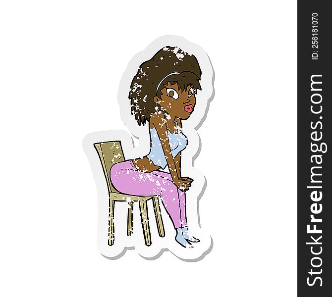 retro distressed sticker of a cartoon woman posing on chair
