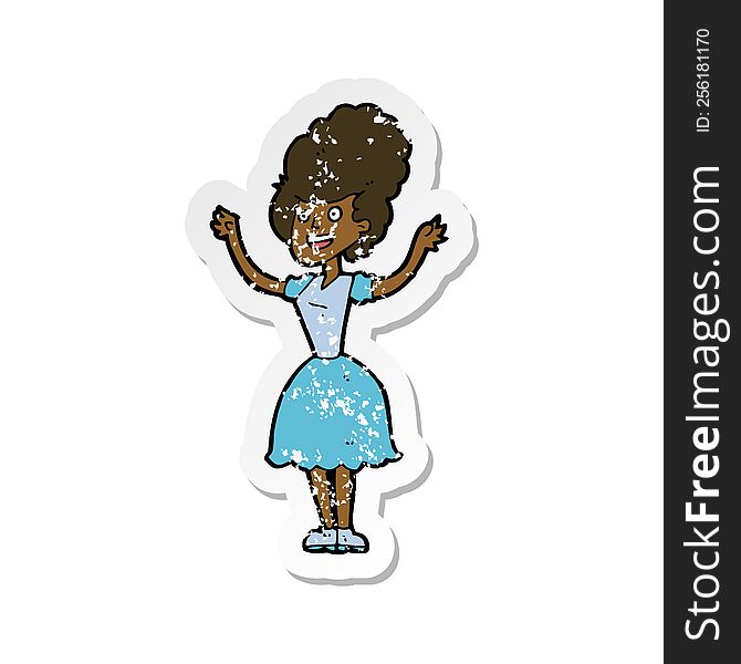 Retro Distressed Sticker Of A Cartoon Happy 1950s Woman