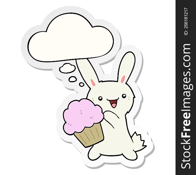 Cute Cartoon Rabbit With Muffin And Thought Bubble As A Printed Sticker