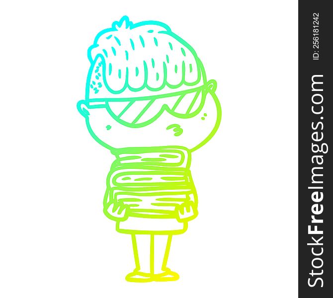 Cold Gradient Line Drawing Cartoon Boy Wearing Sunglasses With Stack Of Books