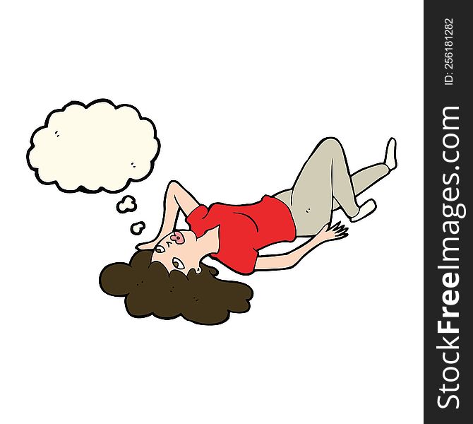 cartoon woman lying on floor with thought bubble