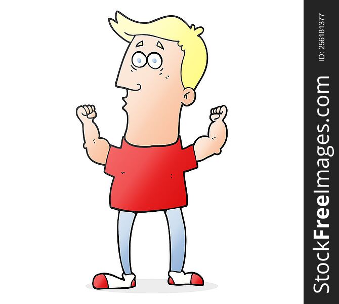 freehand drawn cartoon surprised man flexing biceps