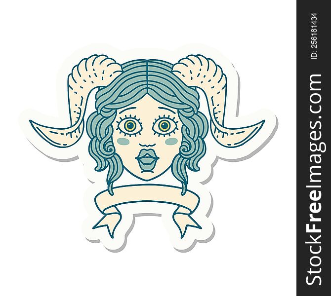 sticker of a tiefling character face with scroll banner. sticker of a tiefling character face with scroll banner