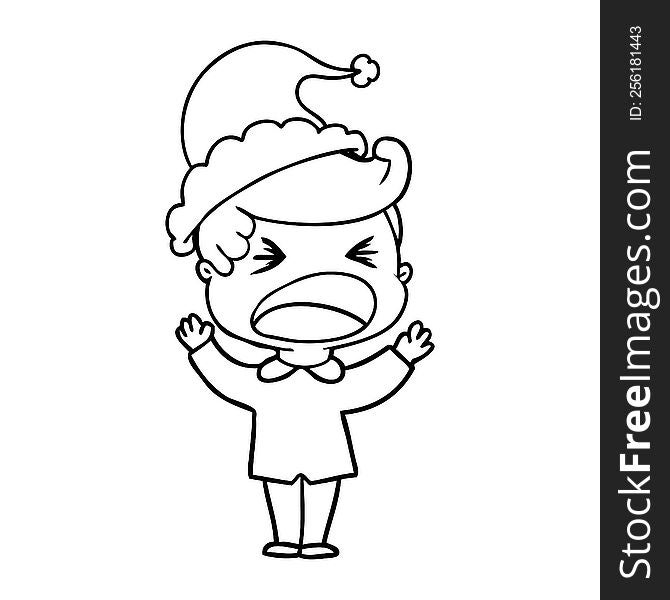 hand drawn line drawing of a shouting man wearing santa hat