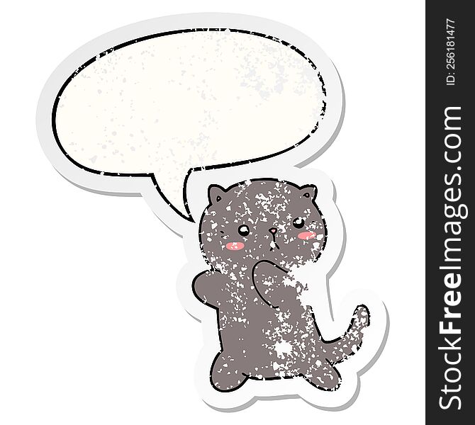 Cute Cartoon Cat And Speech Bubble Distressed Sticker