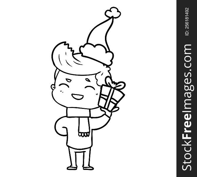 Line Drawing Of A Man Laughing Wearing Santa Hat