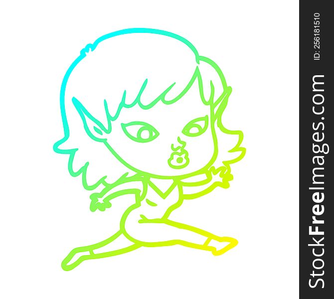 cold gradient line drawing of a pretty cartoon elf girl running