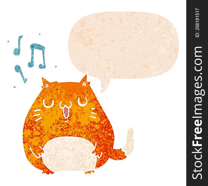 Cartoon Cat Singing And Speech Bubble In Retro Textured Style