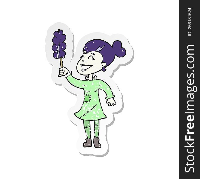 retro distressed sticker of a cartoon undead monster lady cleaning
