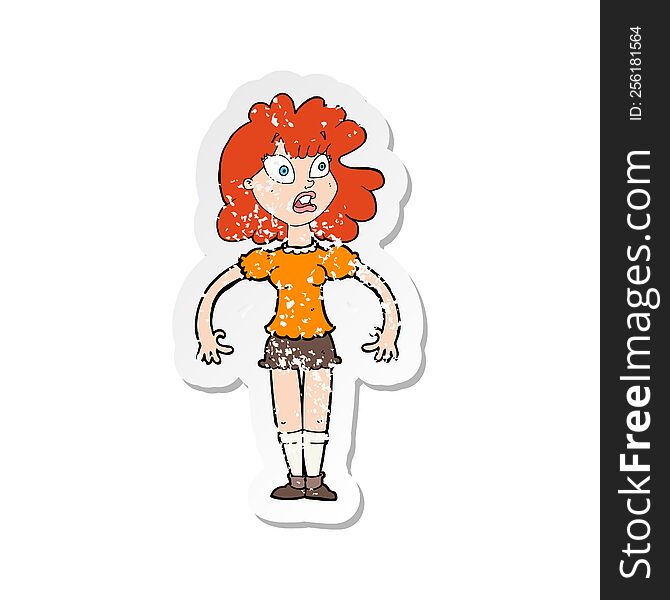 Retro Distressed Sticker Of A Cartoon Pretty Girl With Shocked Expression