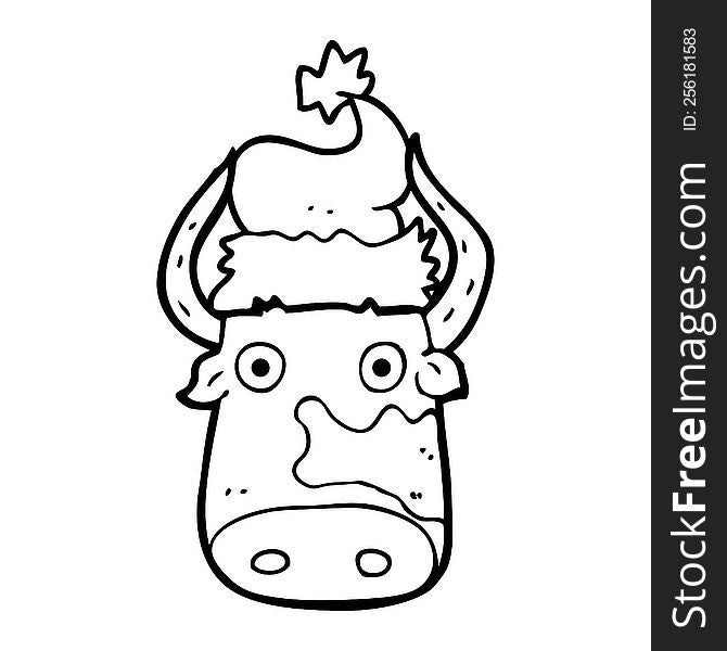 black and white cartoon cow wearing christmas hat