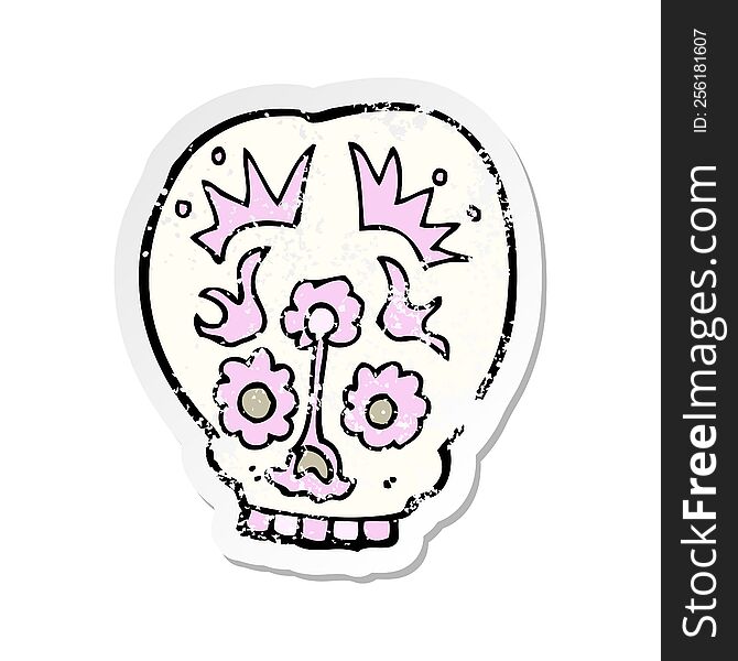 retro distressed sticker of a cartoon sugar skull