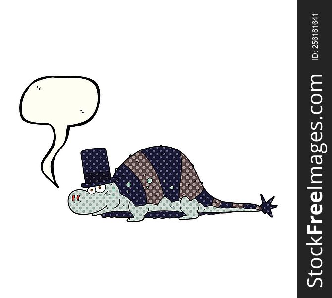 Comic Book Speech Bubble Cartoon Dinosaur In Top Hat