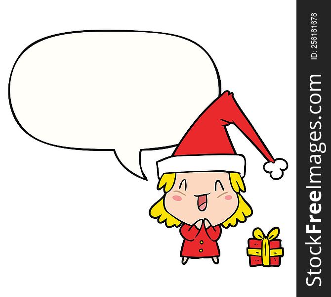 cartoon girl wearing christmas hat with speech bubble