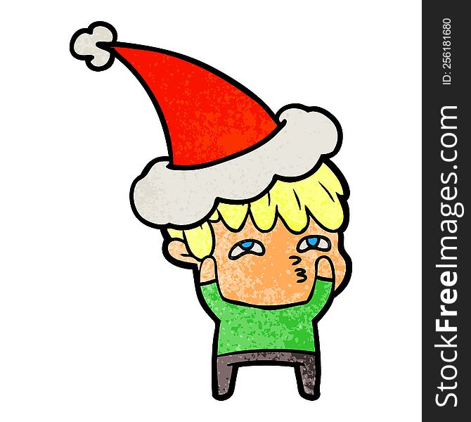 hand drawn textured cartoon of a curious man wearing santa hat