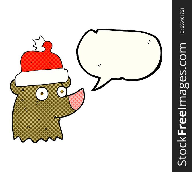 freehand drawn comic book speech bubble cartoon bear wearing christmas hat