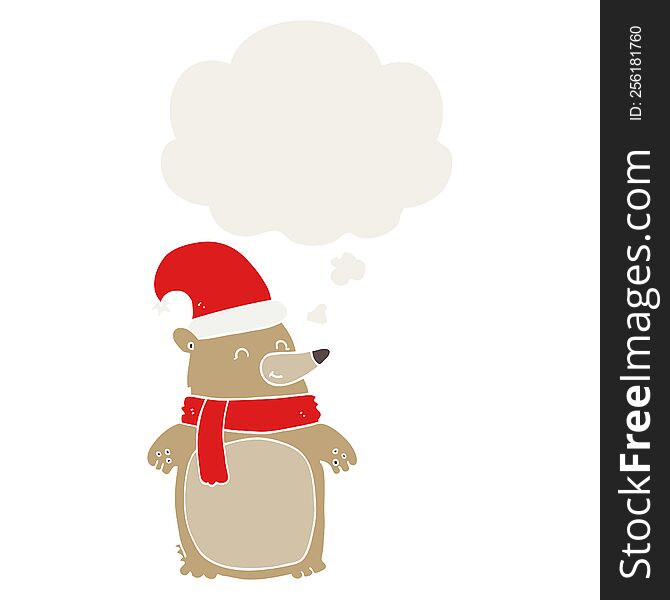 Cartoon Christmas Bear And Thought Bubble In Retro Style