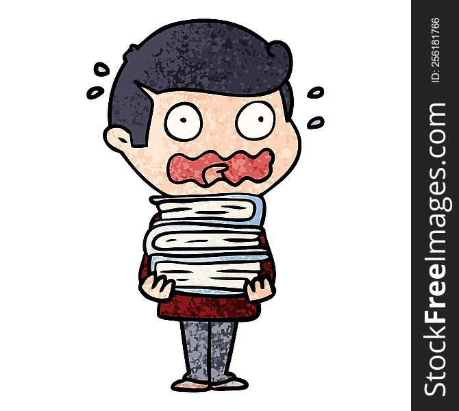 cartoon man with books totally stressed out. cartoon man with books totally stressed out