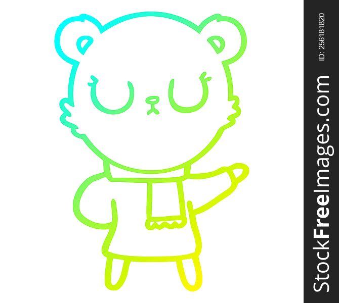 cold gradient line drawing of a peaceful cartoon bear wearing scarf