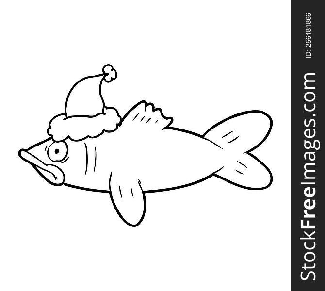 hand drawn line drawing of a fish wearing santa hat