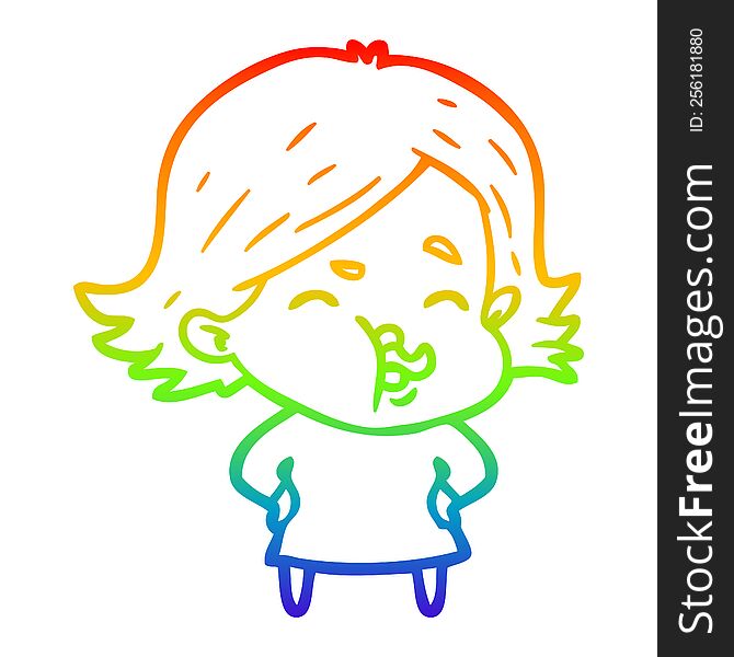 Rainbow Gradient Line Drawing Cartoon Girl Pulling Face