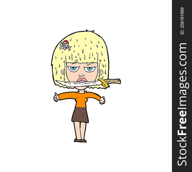 Cartoon Woman With Knife Between Teeth