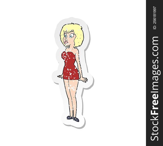 Retro Distressed Sticker Of A Cartoon Surprised Woman In Short Dress