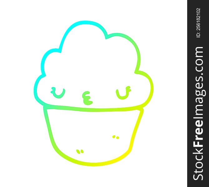 Cold Gradient Line Drawing Cartoon Cupcake With Face