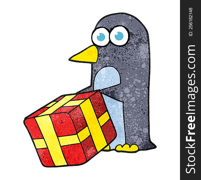 freehand textured cartoon penguin with christmas present